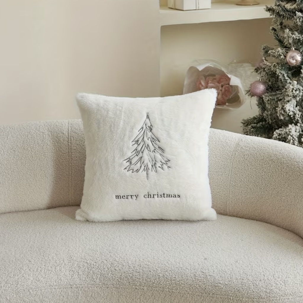 [00015] Funda navideña de peluche blanco con pino 45x45