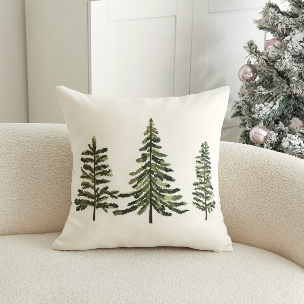 [00018] Funda blanca con pinos verdes bordados 45x45